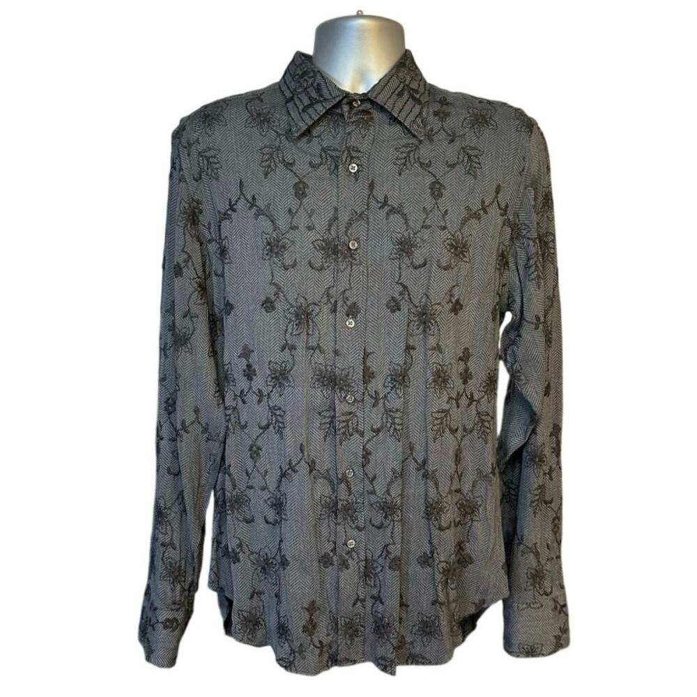 Bagutta Gray and Black Floral Embroidered Long Sleeve Button Down Size L